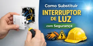 Pessoa instalando interruptor de luz com ferramentas e fios elétricos visíveis