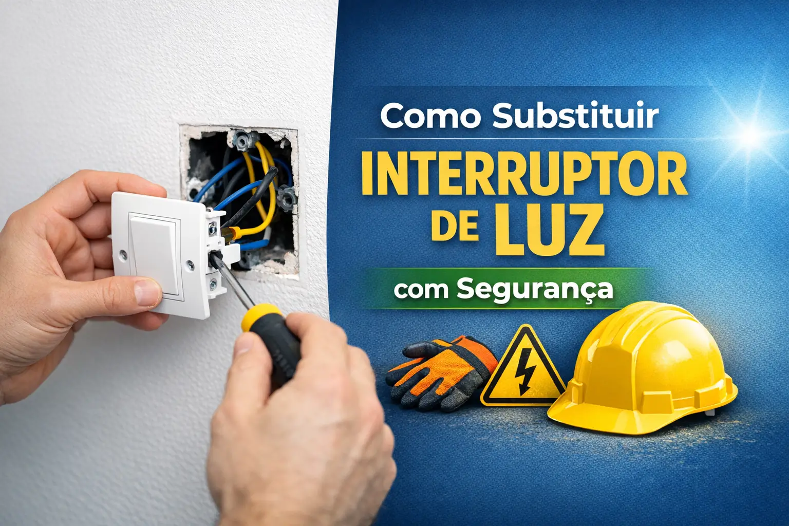 Pessoa instalando interruptor de luz com ferramentas e fios elétricos visíveis