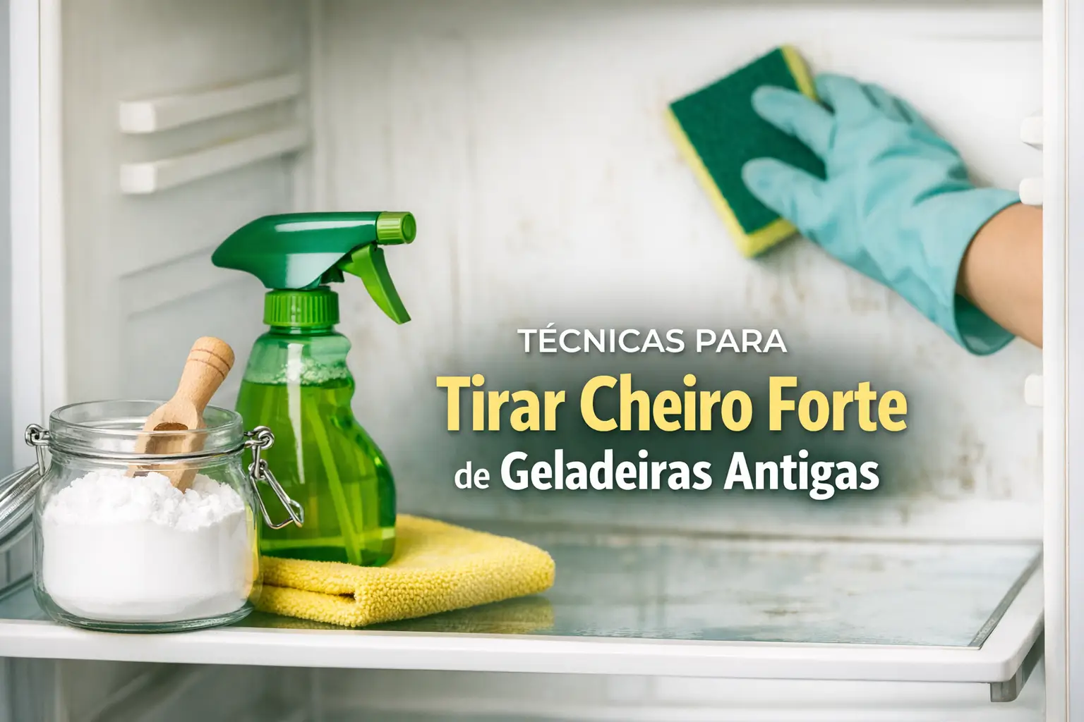 Mão limpando uma geladeira antiga com esponja e produtos de limpeza