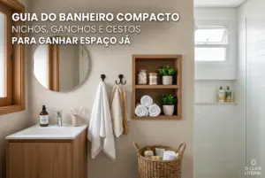 Banheiro compacto moderno com dicas de espaço e plantas