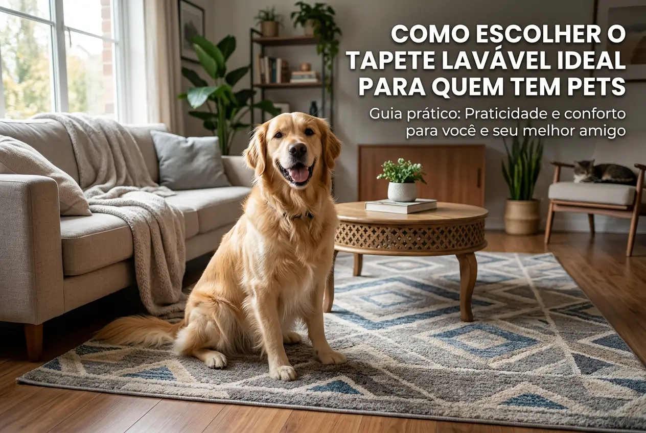 Golden Retriever em sala com tapete ideal para pets, 2026
