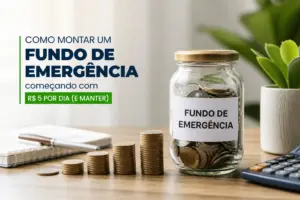Jarro de vidro com moedas e rótulo 'Fundo de Emergência' em 2026