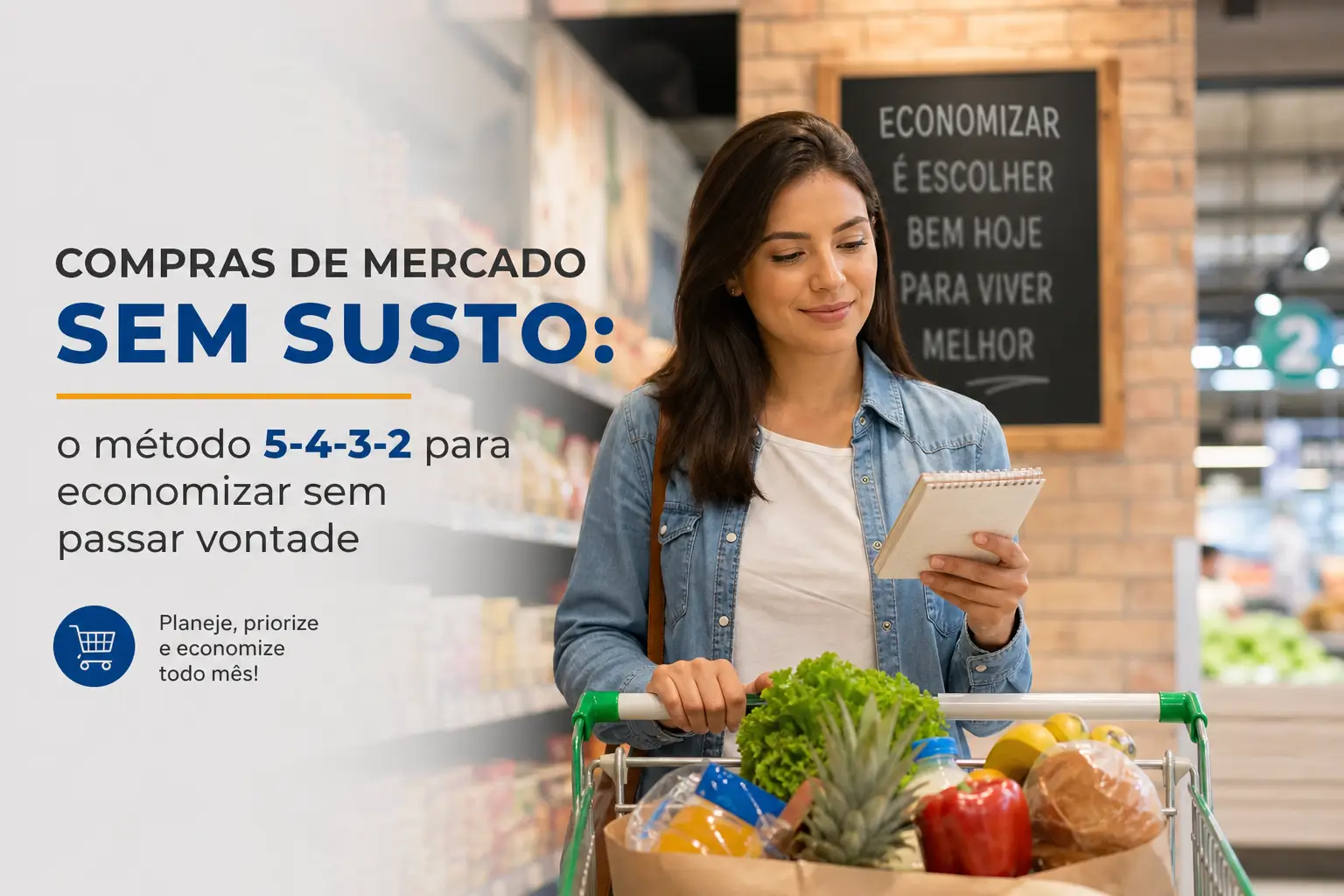 Mulher sorridente fazendo compras no mercado com método 5-4-3-2