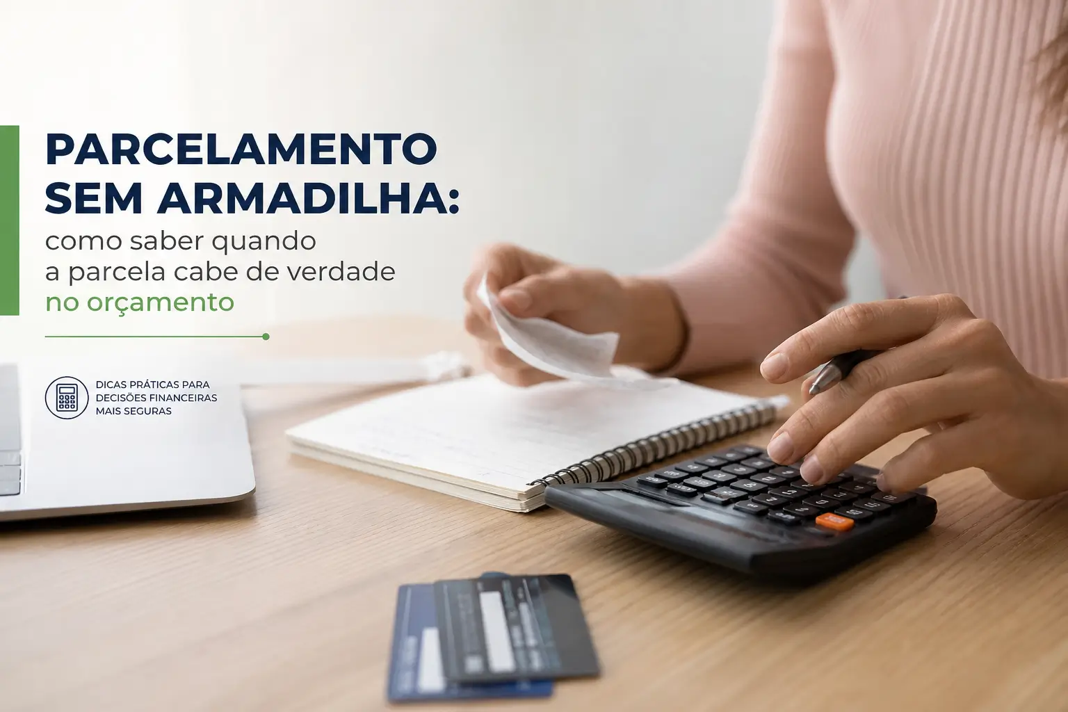 Pessoa usando calculadora e analisando orçamento, dicas práticas financeiras