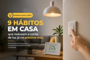 Sala moderna com lâmpada, planta, e mão no interruptor