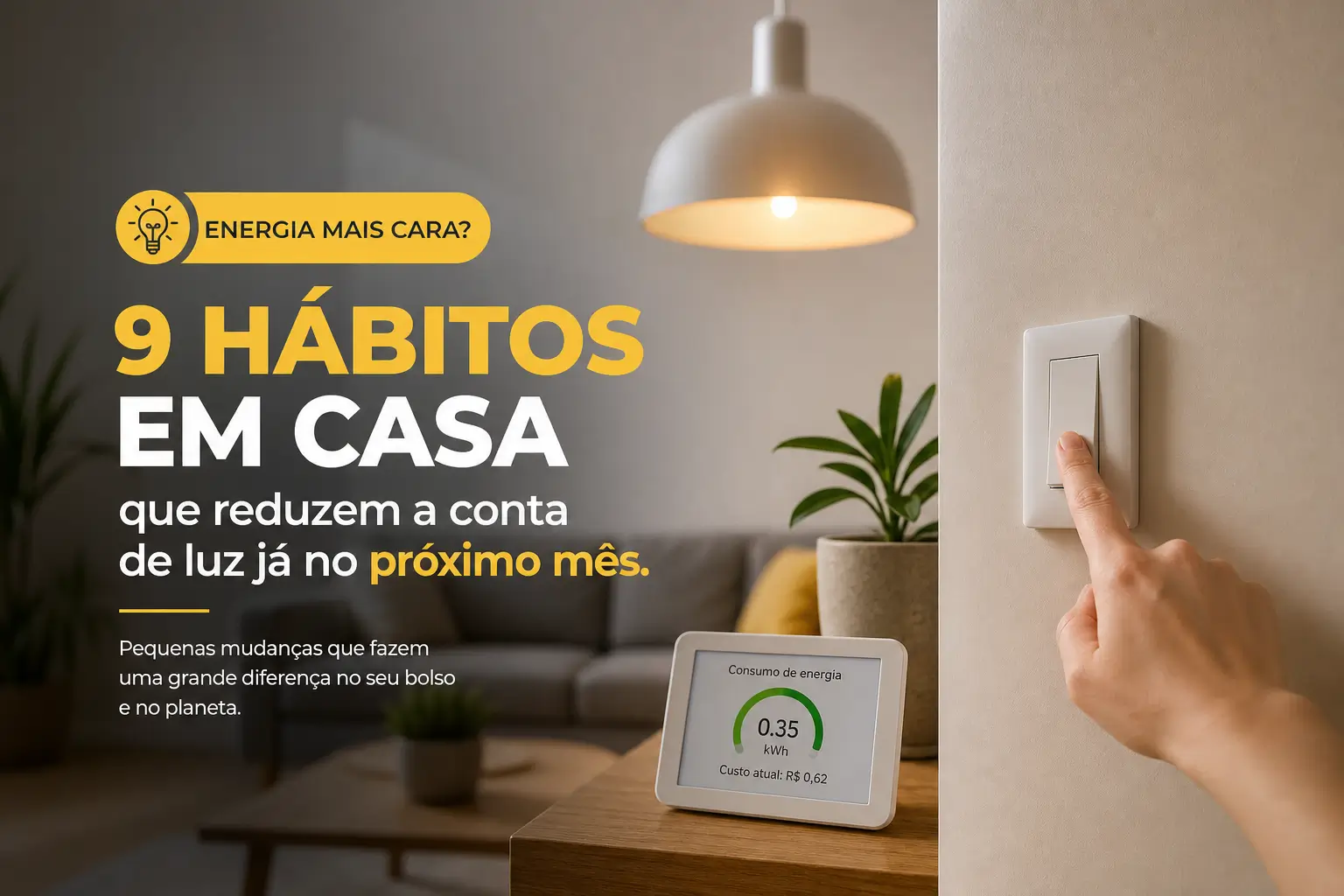 Sala moderna com lâmpada, planta, e mão no interruptor