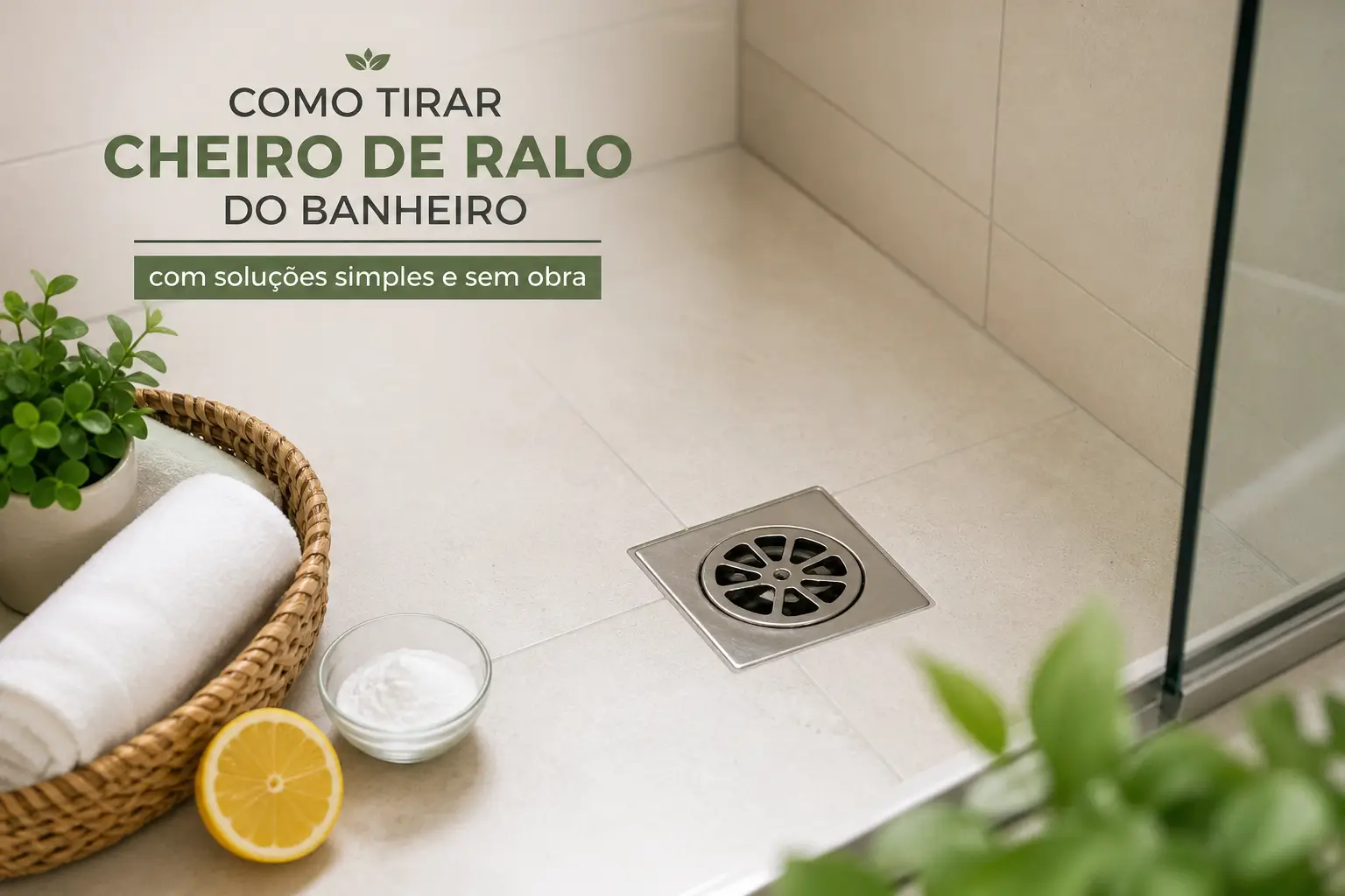 Box de banheiro com piso claro e cesta de vime à esquerda