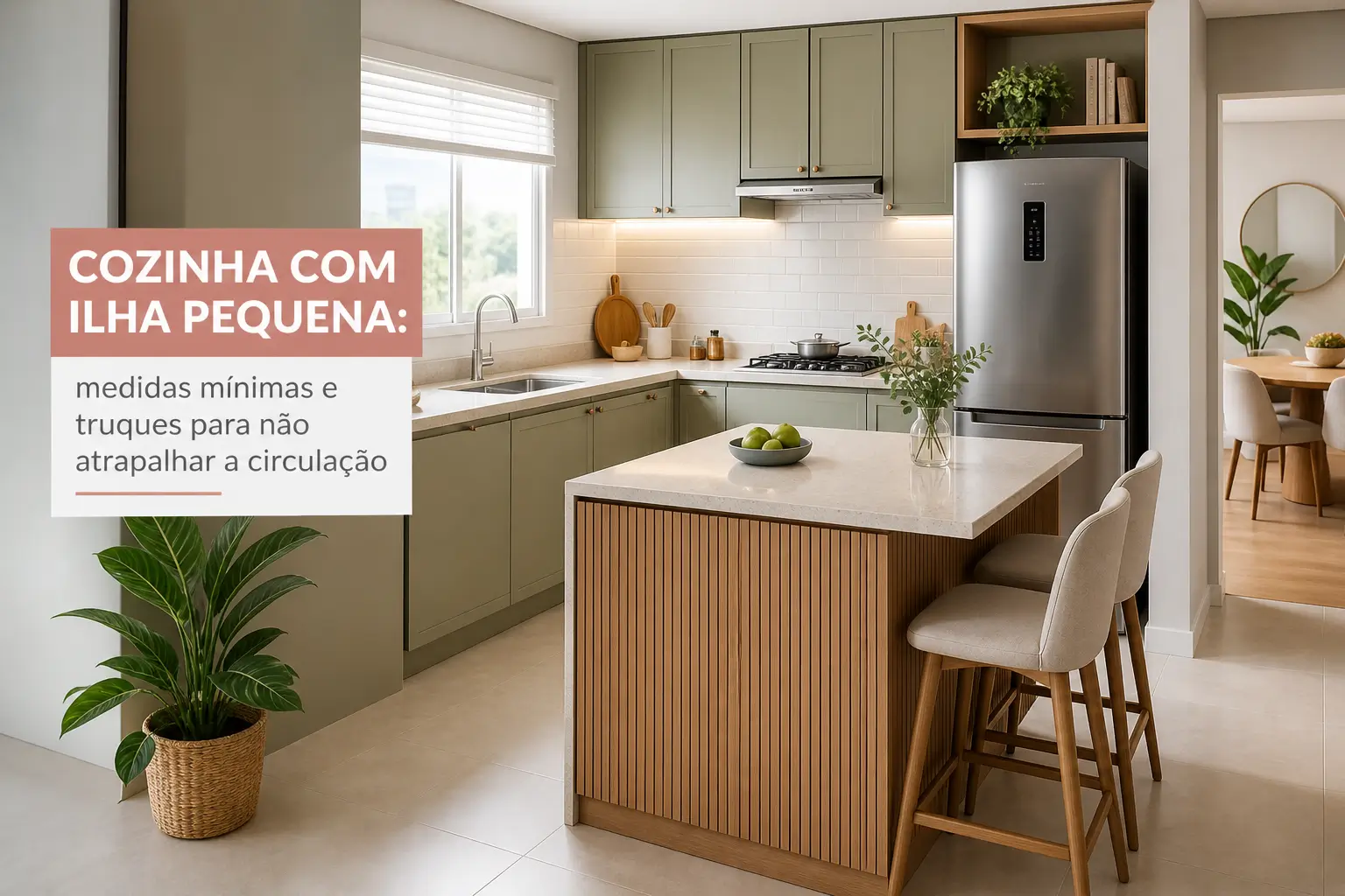 Cozinha compacta e moderna com ilha, armários verdes e eletrodomésticos