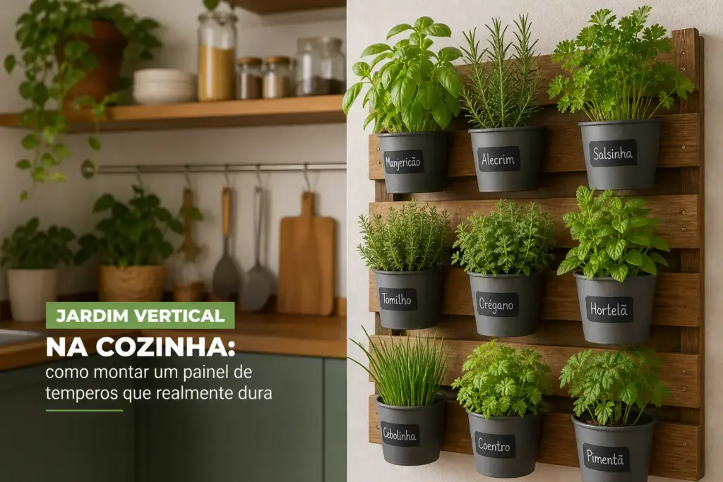 Jardim vertical na cozinha: como montar um painel de temperos que realmente dura
