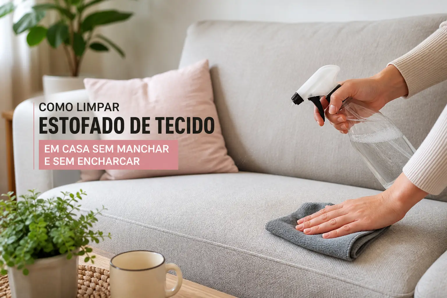 Pessoa limpando sofá de tecido cinza claro em sala iluminada