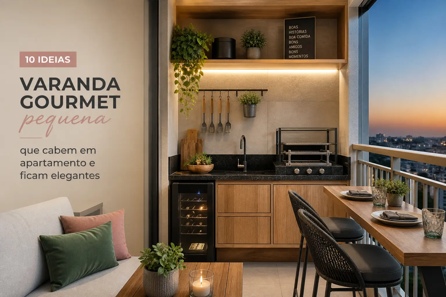 Varanda gourmet moderna com cozinha externa ao pôr-do-sol